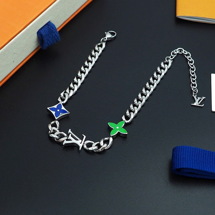 Louis Vuitton LV metal chain blue-green enamel bracelet