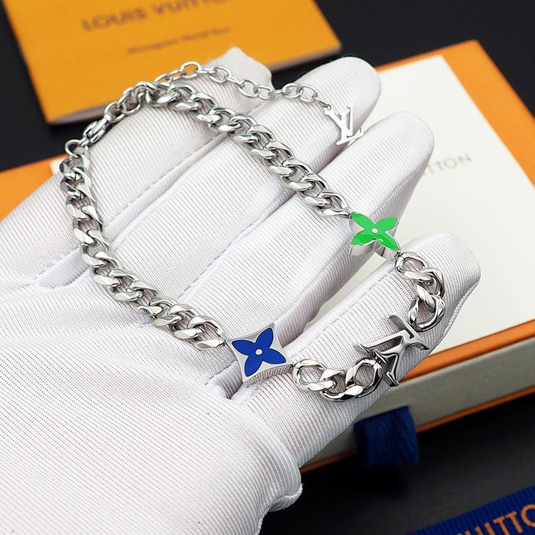 Louis Vuitton LV metal chain blue-green enamel bracelet